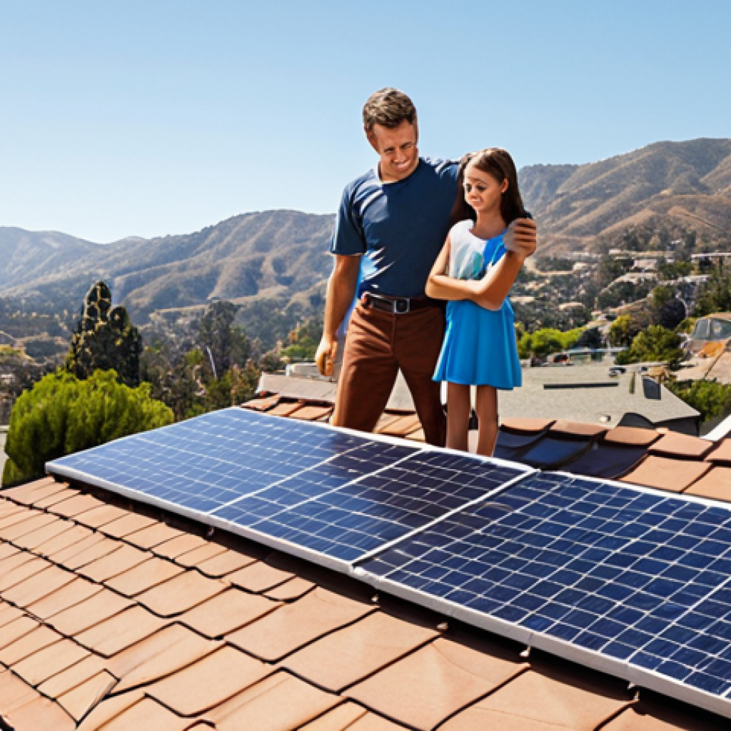 **

A suburban rooftop in California, USA, covered in solar panels on a sunny day. Show a happy family looking at their electricity bill, noticeably lower than before. In the background, a California landscape.

**