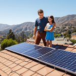 **

A suburban rooftop in California, USA, covered in solar panels on a sunny day. Show a happy family looking at their electricity bill, noticeably lower than before. In the background, a California landscape.

**
