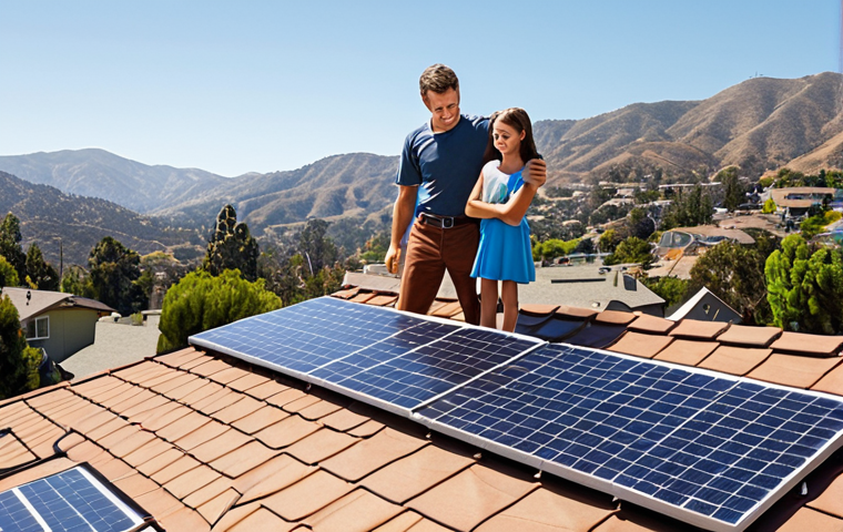 **
A suburban rooftop in California, USA, covered in solar panels on a sunny day. Show a happy family looking at their electricity bill, noticeably lower than before. In the background, a California landscape.
**