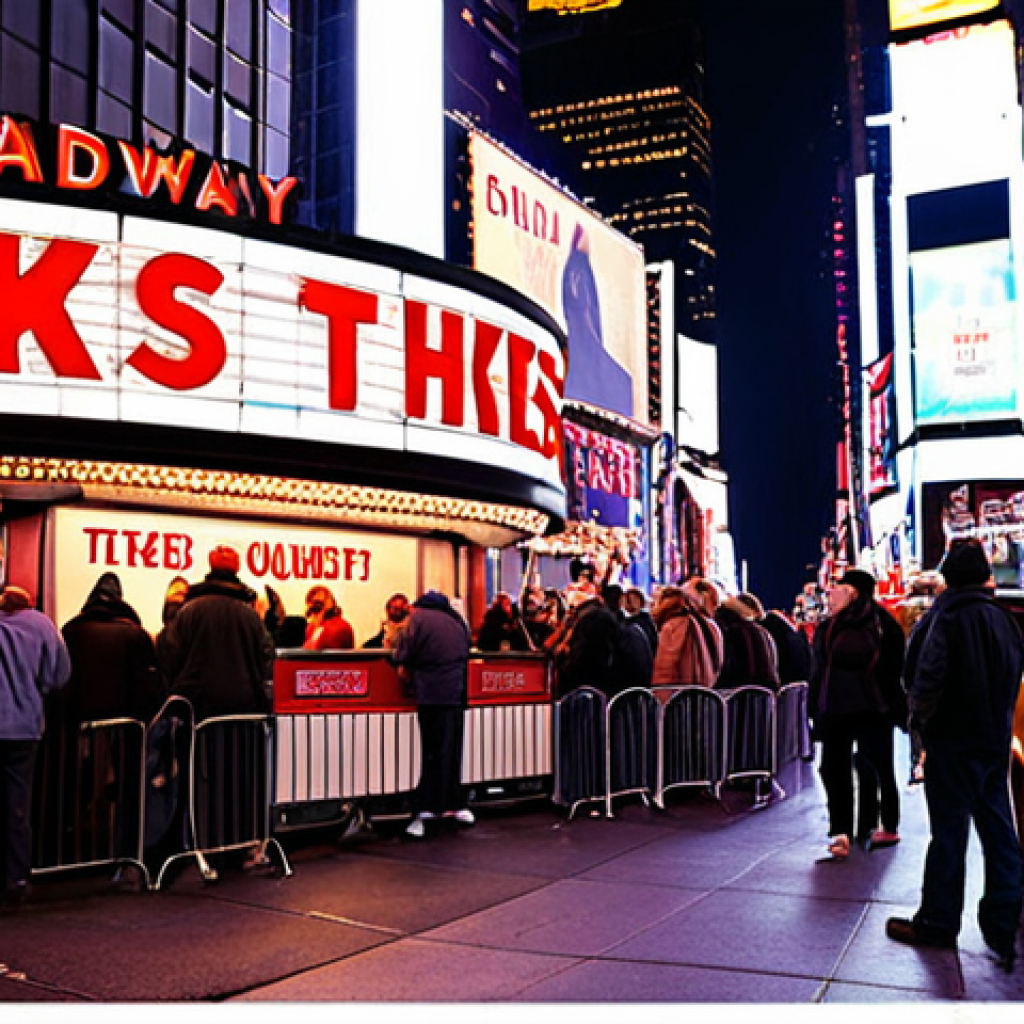 **

Prompt: A vibrant Times Square scene at night, focusing on the TKTS booth with a long line of people eagerly waiting to purchase discount Broadway tickets. Emphasize the excitement and energy of the theater district. Include bright lights, taxi cabs, and a sense of anticipation. Perhaps a couple looking happily at the TKTS booth sign.

**