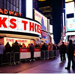 **

Prompt: A vibrant Times Square scene at night, focusing on the TKTS booth with a long line of people eagerly waiting to purchase discount Broadway tickets. Emphasize the excitement and energy of the theater district. Include bright lights, taxi cabs, and a sense of anticipation. Perhaps a couple looking happily at the TKTS booth sign.

**