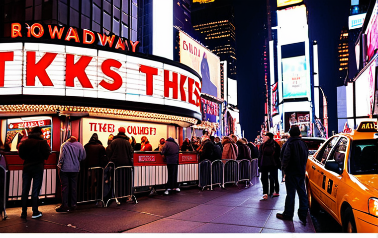 **

Prompt: A vibrant Times Square scene at night, focusing on the TKTS booth with a long line of people eagerly waiting to purchase discount Broadway tickets. Emphasize the excitement and energy of the theater district. Include bright lights, taxi cabs, and a sense of anticipation. Perhaps a couple looking happily at the TKTS booth sign.

**