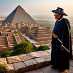 A wise indigenous elder, fully clothed in modest, traditional attire made from natural fibers, stands contemplatively on an ancient stone terrace overlooking a vast, meticulously planned city of intricate pyramids and cliff dwellings, bathed in the soft glow of dawn. The environment showcases advanced architecture and a deep connection to the natural landscape, with lush, sustainable agriculture visible in the distance. The image features perfect anatomy, correct proportions, well-formed hands, and a natural pose, captured with professional photography, hyper-realistic detail, and cinematic lighting. safe for work, appropriate content, family-friendly.