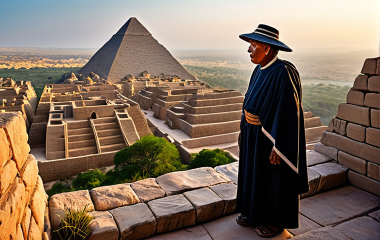 A wise indigenous elder, fully clothed in modest, traditional attire made from natural fibers, stands contemplatively on an ancient stone terrace overlooking a vast, meticulously planned city of intricate pyramids and cliff dwellings, bathed in the soft glow of dawn. The environment showcases advanced architecture and a deep connection to the natural landscape, with lush, sustainable agriculture visible in the distance. The image features perfect anatomy, correct proportions, well-formed hands, and a natural pose, captured with professional photography, hyper-realistic detail, and cinematic lighting. safe for work, appropriate content, family-friendly.