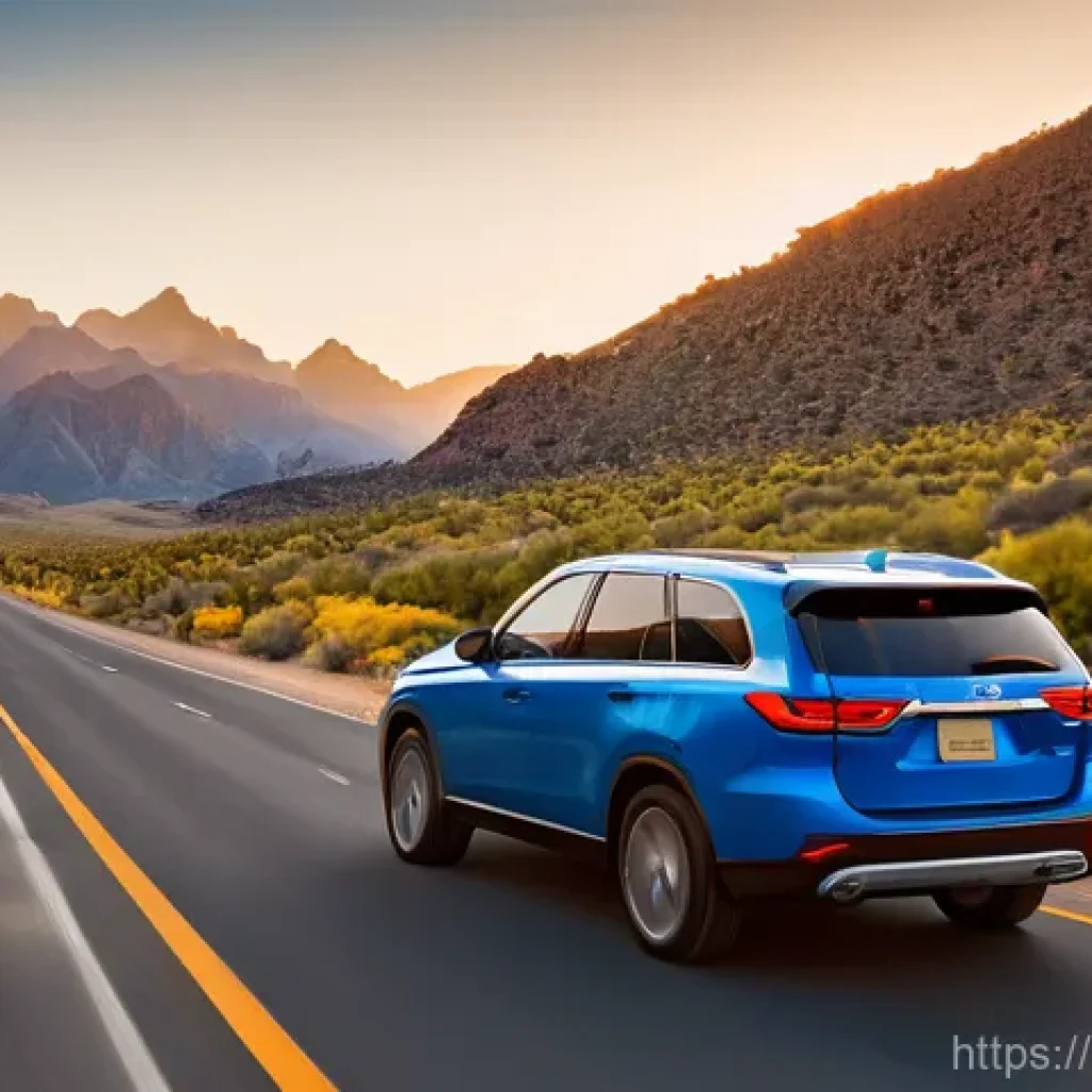 미국에서 운전할 때 주의할 점 - **Prompt:** A dynamic, cinematic shot of a modern, clean rental car (e.g., a mid-size SUV) cruising ...