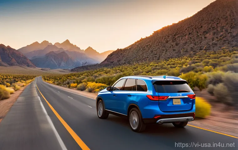 미국에서 운전할 때 주의할 점 - **Prompt:** A dynamic, cinematic shot of a modern, clean rental car (e.g., a mid-size SUV) cruising ...