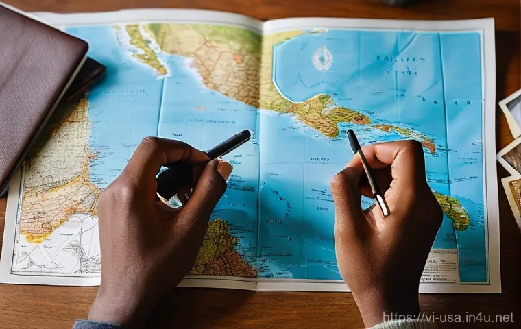 미국에서 운전할 때 주의할 점 - **Prompt:** A detailed, eye-level shot inside the cabin of a car at a four-way stop intersection in ...