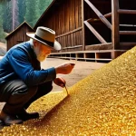 미국 내 금광 마을 역사 - **Prompt:** "A historical depiction of James W. Marshall discovering gold flakes at Sutter's Mill in...