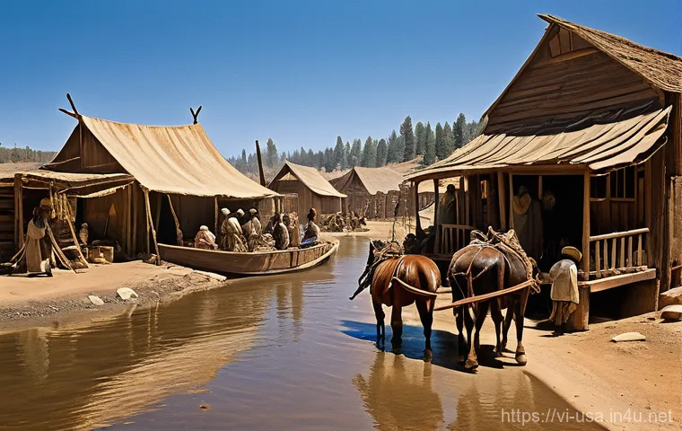 미국 내 금광 마을 역사 - **Prompt:** "A historical depiction of James W. Marshall discovering gold flakes at Sutter's Mill in...