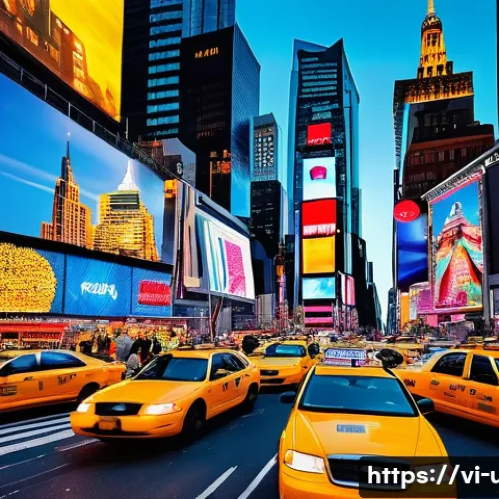 뉴욕 관광 필수 코스 - **A vibrant, wide-angle street-level view of Times Square in Manhattan at dusk.** The scene is domin...