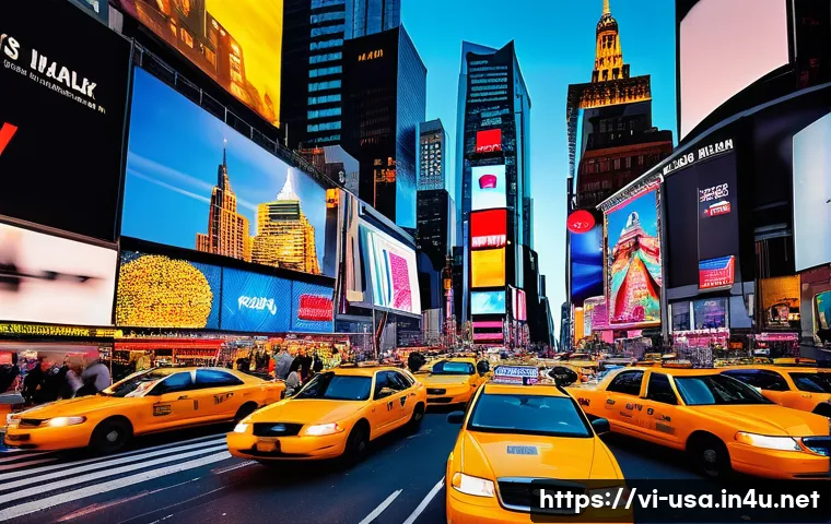 뉴욕 관광 필수 코스 - **A vibrant, wide-angle street-level view of Times Square in Manhattan at dusk.** The scene is domin...