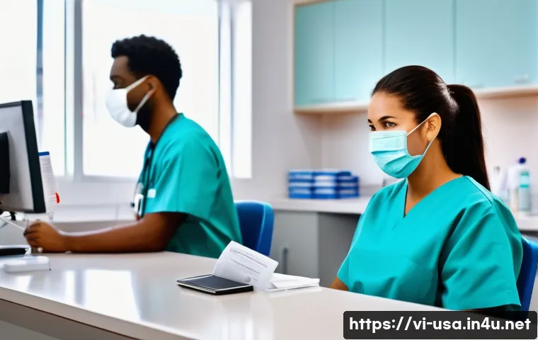 미국 병원 응급실 이용법 - A busy American emergency room scene showing diverse patients and medical staff interacting professi...