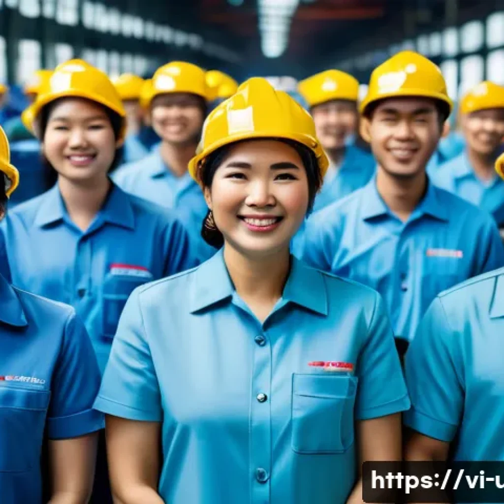 미국 노동조합 활동 - A diverse group of Vietnamese factory workers wearing safety helmets and uniforms, standing united i...