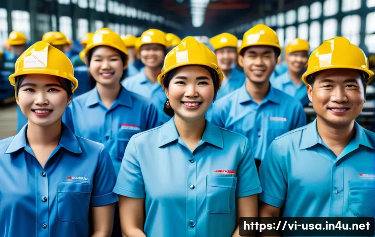 미국 노동조합 활동 - A diverse group of Vietnamese factory workers wearing safety helmets and uniforms, standing united i...