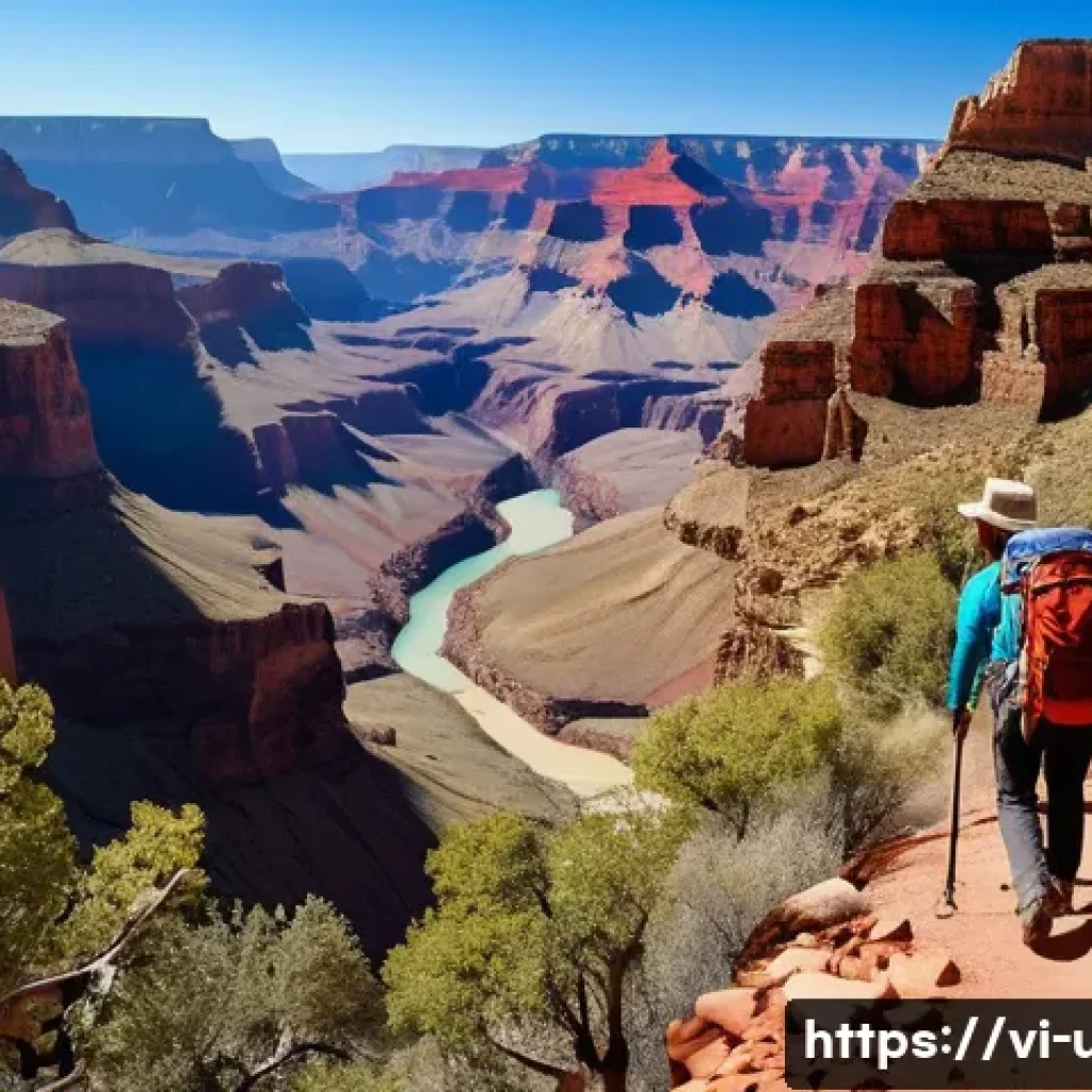 미국 그랜드캐년 여행 - A scenic hiking trail winding through the vibrant red rock cliffs of the Grand Canyon under clear bl...