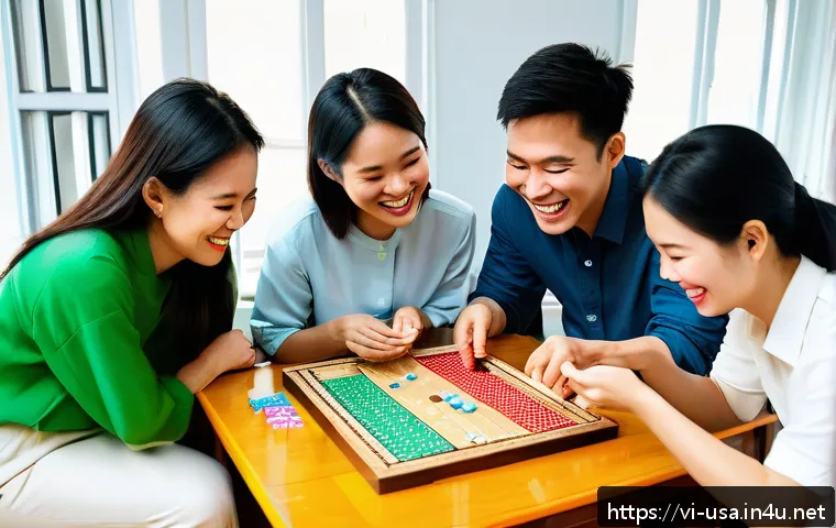 미국에서 인기 있는 보드게임 - A lively group of Vietnamese friends gathered around a wooden table playing a strategic board game, ...