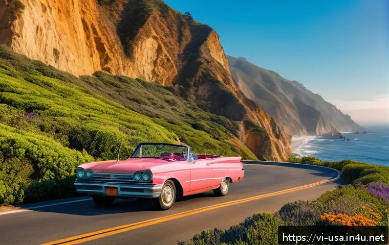 미국 서부여행 추천 루트 - A panoramic view of the Pacific Coast Highway winding along the rugged California coastline at sunse...