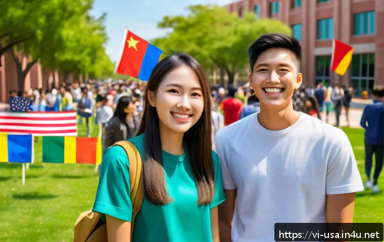 미국 대학 랭킹 - A vibrant multicultural university campus scene in the United States showing diverse international s...