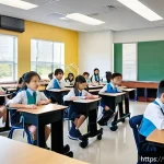 Home 23 미국 공교육과 사교육 비교 - A spacious, modern private school classroom in the United States, featuring clean, well-maintained f...
