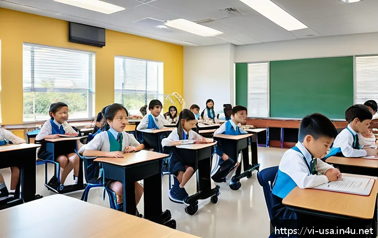 미국 공교육과 사교육 비교 - A spacious, modern private school classroom in the United States, featuring clean, well-maintained f...